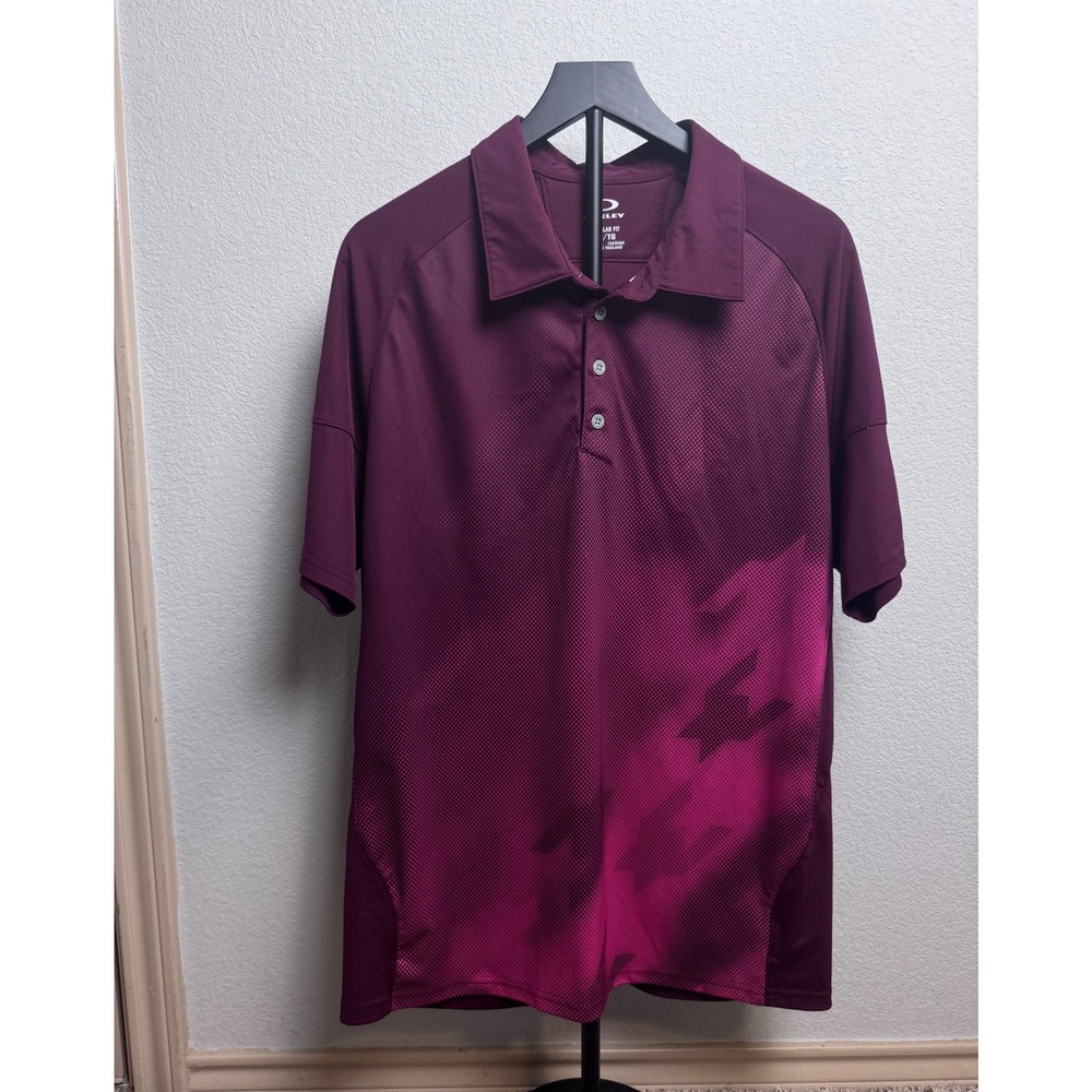 Oakley Mens XL Regular Fit Golf Polo Shirt Burgundy Pink Dot Pattern RN96548